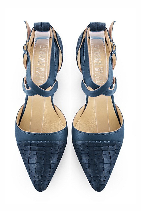 Denim blue women's open side shoes, with crossed straps. Tapered toe. Low flare heels. Top view - Florence KOOIJMAN